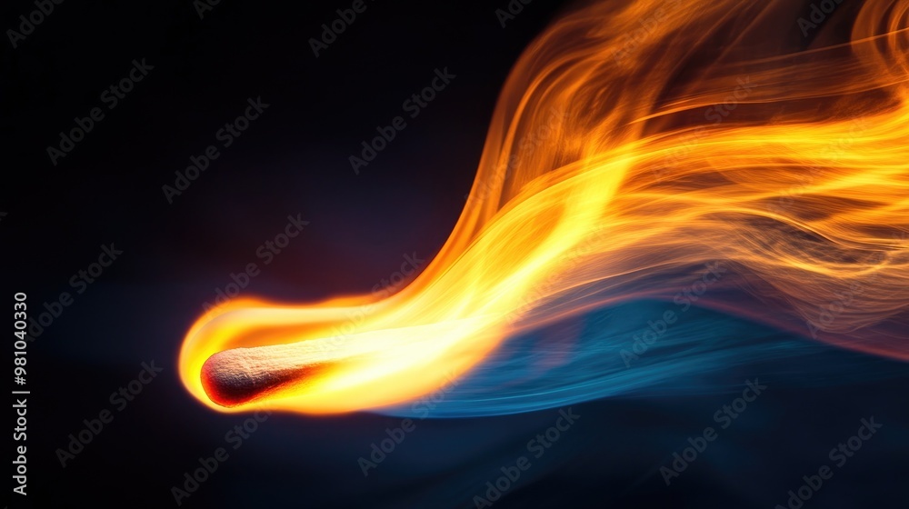 Fototapeta premium Swirling flame and glowing light from a burning matchstick, creating an abstract fiery pattern, set against a dark, atmospheric background