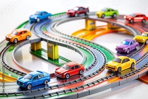 Vibrant, miniature cars speed around a intricately designed, brightly colored track, complete with tunnels, loops, and photo