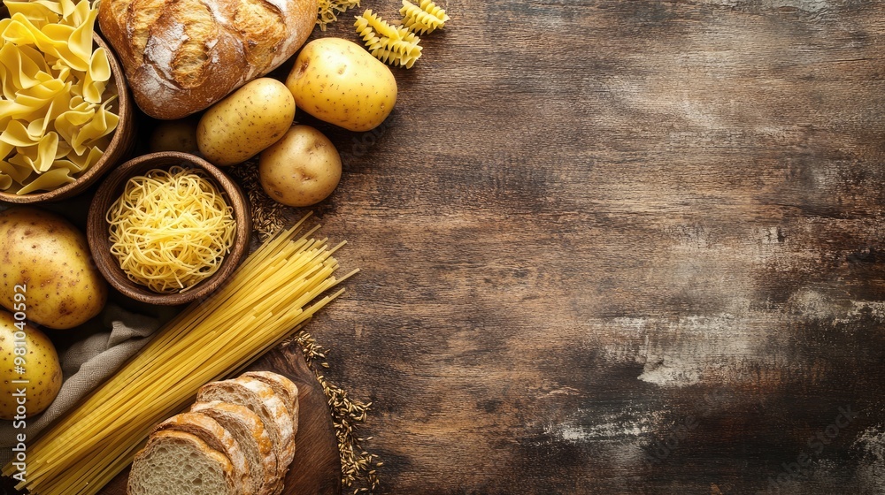 Fototapeta premium An assortment of carbohydrate-rich foods like potatoes, pasta, and bread on a rustic table, with text space above.