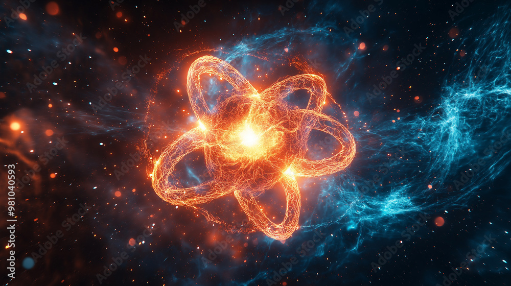 Fototapeta premium Atomic energy release during nuclear fission, a burst of power with glowing particles and radiation waves 
