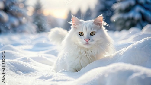 Cat with fluffy white fur playing in the freshly fallen snow , winter, feline, playful, cold, snowflakes, cute, fluffy, whiskers