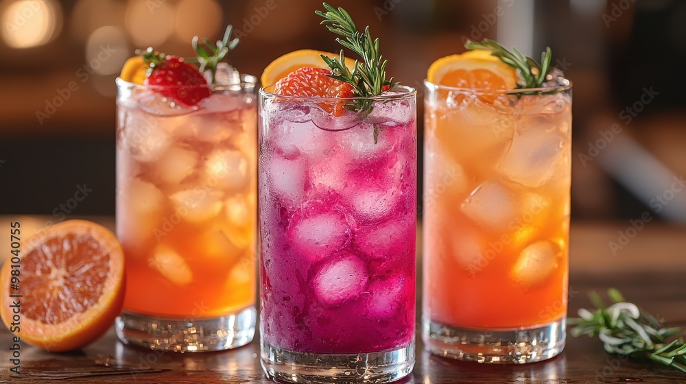 Refreshing colorful cocktails served over ice with vibrant fruit garnishes at a lively bar setting in the evening Refreshing colorful cocktails served over ice with vibrant fruit garnishes at a lively bar setting in the evening