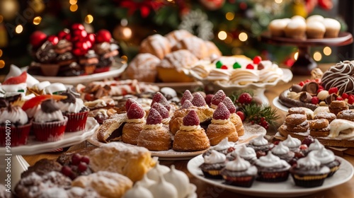 Wooden table full of christmas and new year festive food, sweets and treats, with a christmas tree in the background. The perfect catering for all your holiday baking and dessert needs for the party