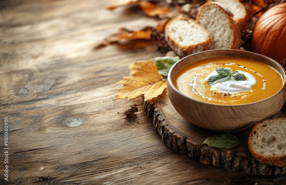 Pumpkin soup with cream served in a bowl, accompanied by bread on a rustic table Pumpkin soup with cream served in a bowl, accompanied by bread on a rustic table