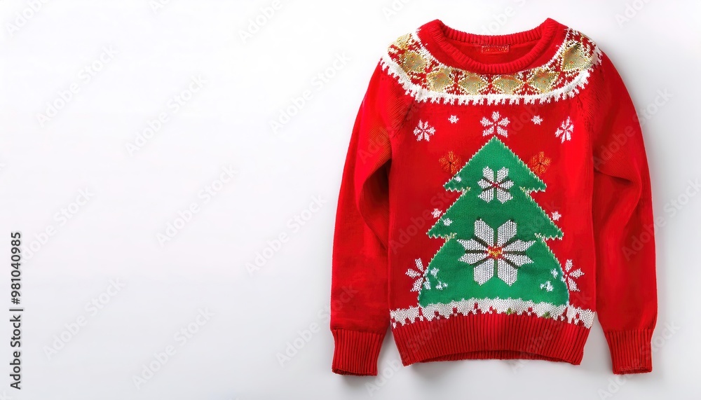 Obraz premium Christmas December Jumper Women or men unisex Xmas Sweater Ladies Pullover with fir tree, snowflakes, reindeer, bright red crimson color. Isolated on white background with copy space