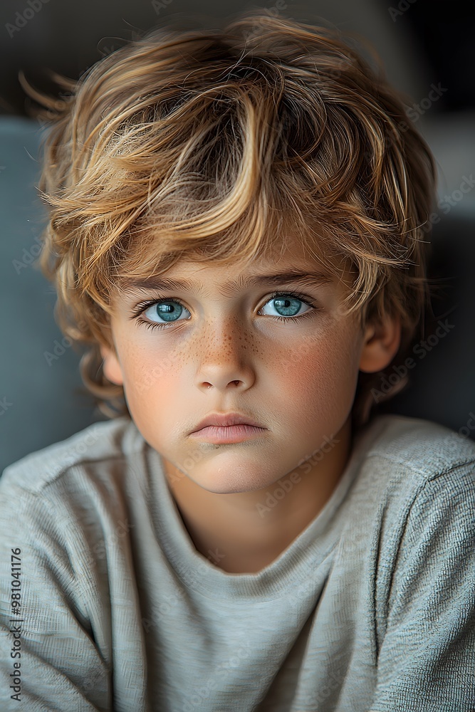 Expressive portrait of a young boy with blue eyes and blonde hair in casual sweater Expressive portrait of a young boy with blue eyes and blonde hair in casual sweater