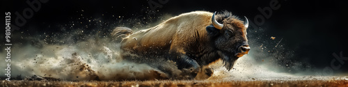 Dynamic image of a bison sprinting through a dusty landscape, perfect for wildlife conservation themes and outdoor adventure events.