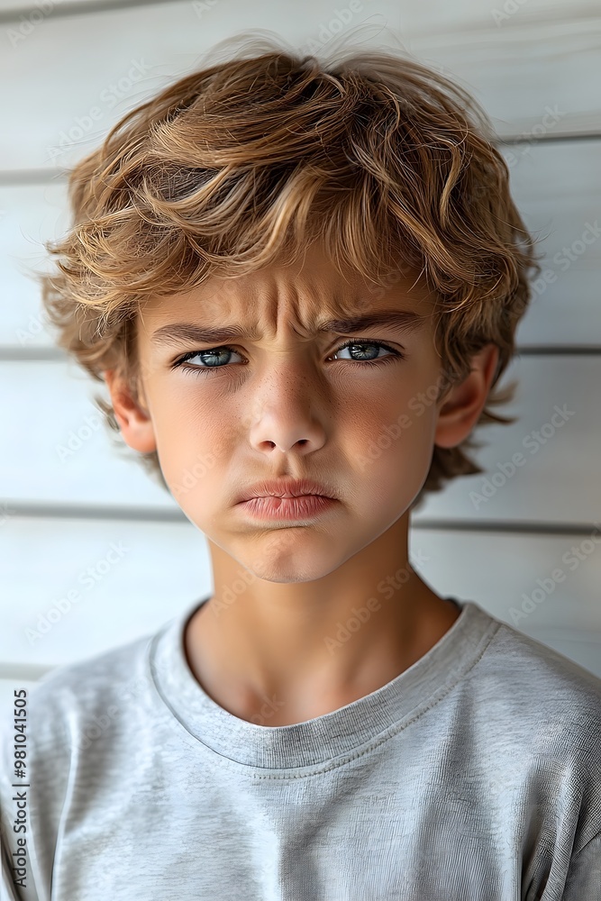 Serious young boy with curly hair standing against wooden wall Serious young boy with curly hair standing against wooden wall