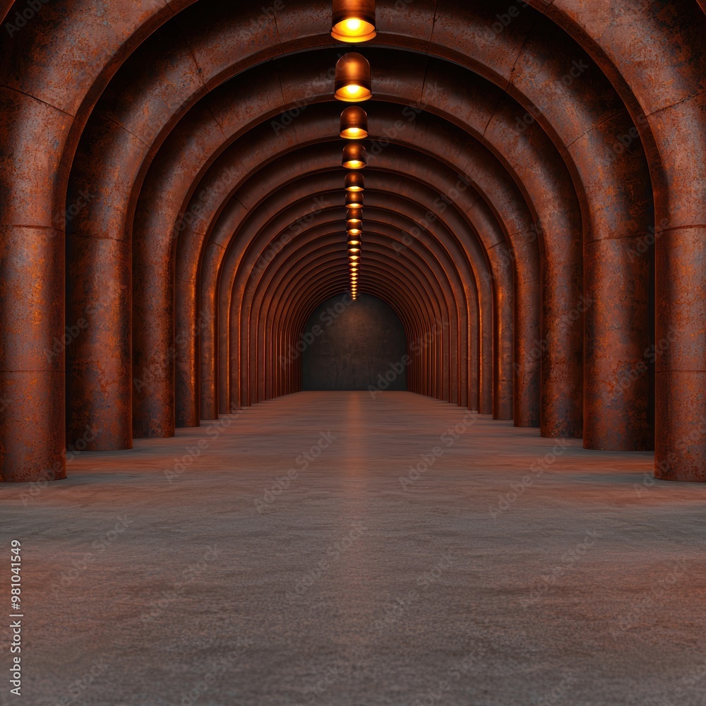 Naklejka premium Abstract Rusty Tunnel with Illuminated Ceiling Lights