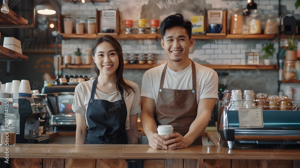 Smiling Asian Couple: Owners of a Coffee Shop with Warm and Welcoming Atmosphere Smiling Asian Couple: Owners of a Coffee Shop with Warm and Welcoming Atmosphere