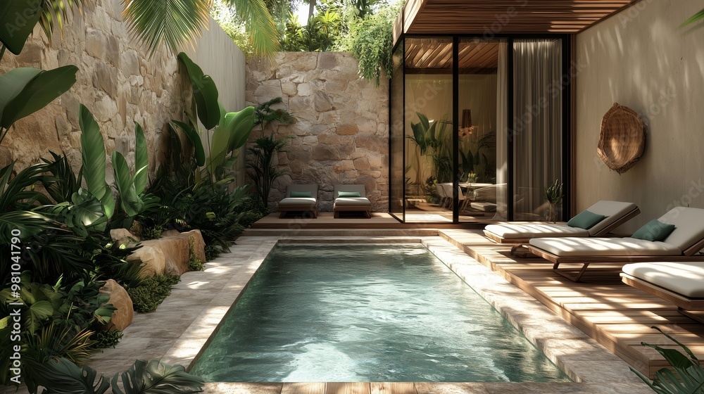 custom made wallpaper toronto digitalA small pool with sunbeds and plants, stone walls, wooden deck flooring in the style of natural materials