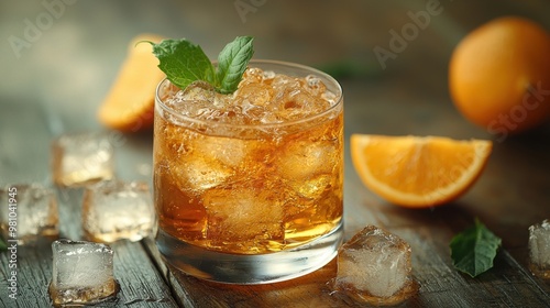 Refreshing iced tea with mint and orange slices on wooden table during sunny afternoon