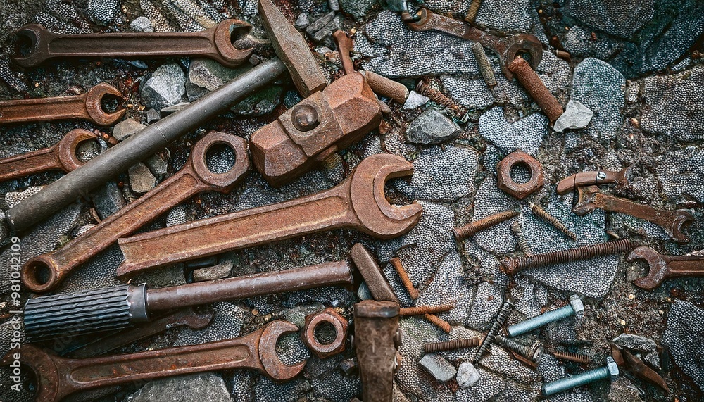 A set of large, rusted industrial tools—wrenches, hammers, and bolts—scattered on a rough, grey stone gravel surface. A set of large, rusted industrial tools—wrenches, hammers, and bolts—scattered on a rough, grey stone gravel surface.