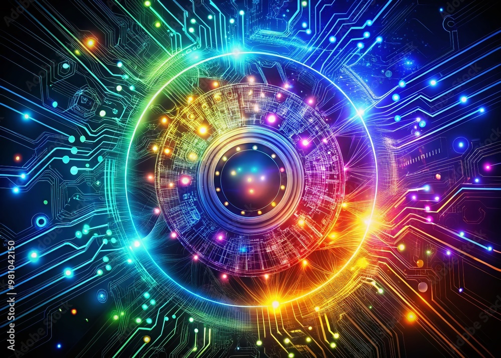 Vibrant, swirling digital fractals form a stylized central icon, surrounded by glowing code fragments and circuitry Vibrant, swirling digital fractals form a stylized central icon, surrounded by glowing code fragments and circuitry