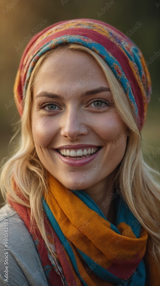 Young, fair-skinned Caucasian woman with long, wavy blonde hair wearing colorful patterned scarf and smiling at camera Young, fair-skinned Caucasian woman with long, wavy blonde hair wearing colorful patterned scarf and smiling at camera