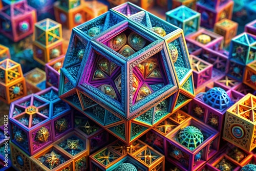 Vibrant, swirling fractals of hypercubes, tesseracts, and other four-dimensional polytopes unfold in swirling patterns, photo