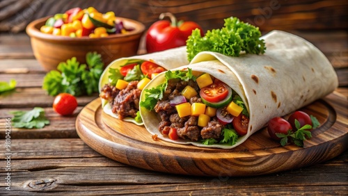 Traditional homemade beef burrito with vegetables on wooden table, Mexican cuisine, food photography