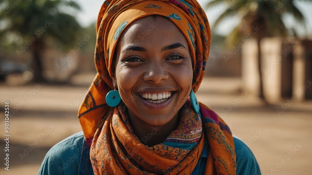 Young, smiling Black woman with bright orange hijab and colorful patterned scarf, against blurred outdoor background Young, smiling Black woman with bright orange hijab and colorful patterned scarf, against blurred outdoor background