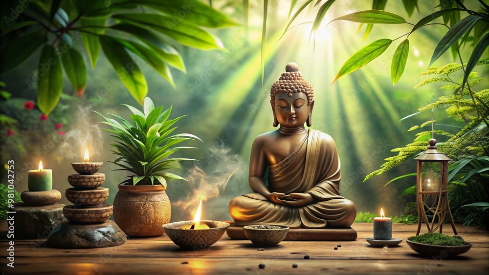 Serene atmosphere fills the scene as warm sunlight pours through lush greenery, illuminating a peaceful meditation space with candles, incense, and a serene Buddha statue. Serene atmosphere fills the scene as warm sunlight pours through lush greenery, illuminating a peaceful meditation space with candles, incense, and a serene Buddha statue.