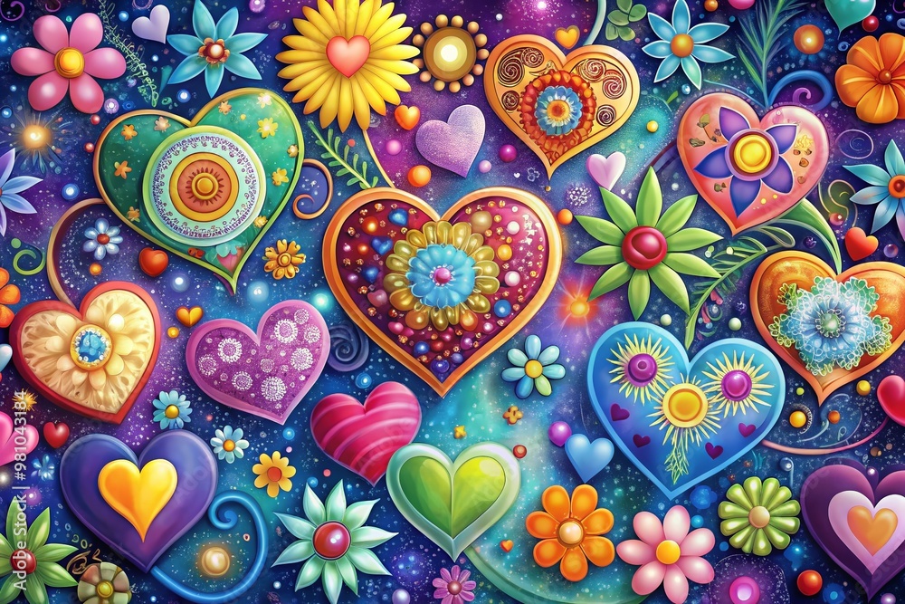Fototapeta premium Vibrant, whimsical hearts in various shapes, sizes, and colors, surrounded by flowers, sparkles, and swirls, conveying