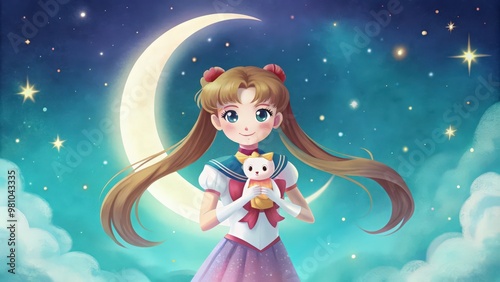 Anime Girl with Cat Toy and Crescent Moon Under a Starry Sky photo