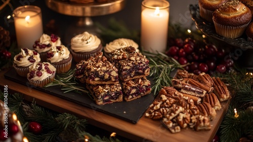 A festive Thanksgiving dessert board featuring maple pecan bars, cranberry bliss squares, and vanilla cupcakes with candlelight glow