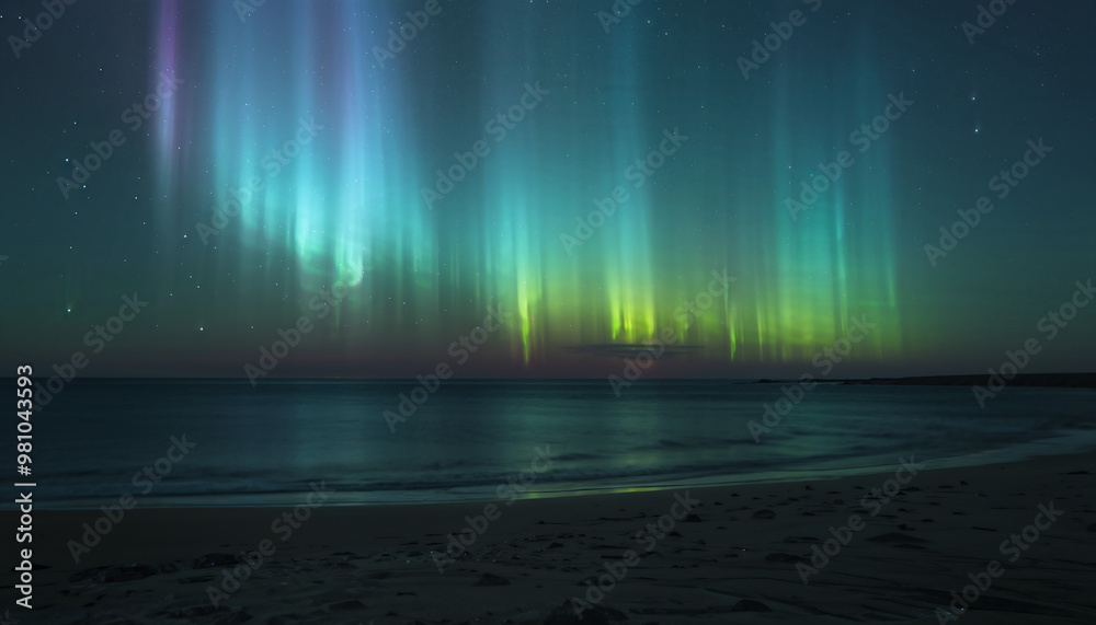 Obraz premium Beach with the Northern Lights Shimmering in the Sky Above