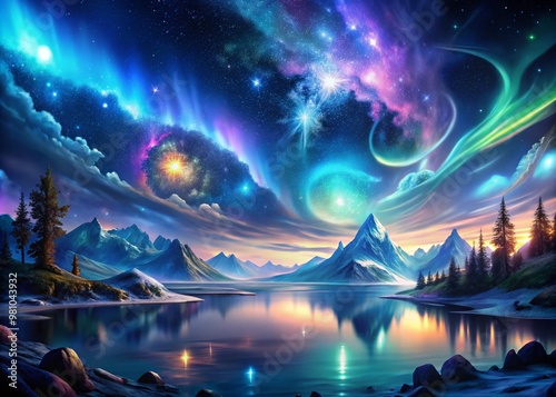 Vibrant 3D abstract nature-inspired wallpaper background featuring swirling misty clouds, glowing aurora lights, and