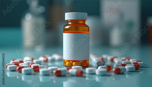 Pills and plastic bottle with a blank label 