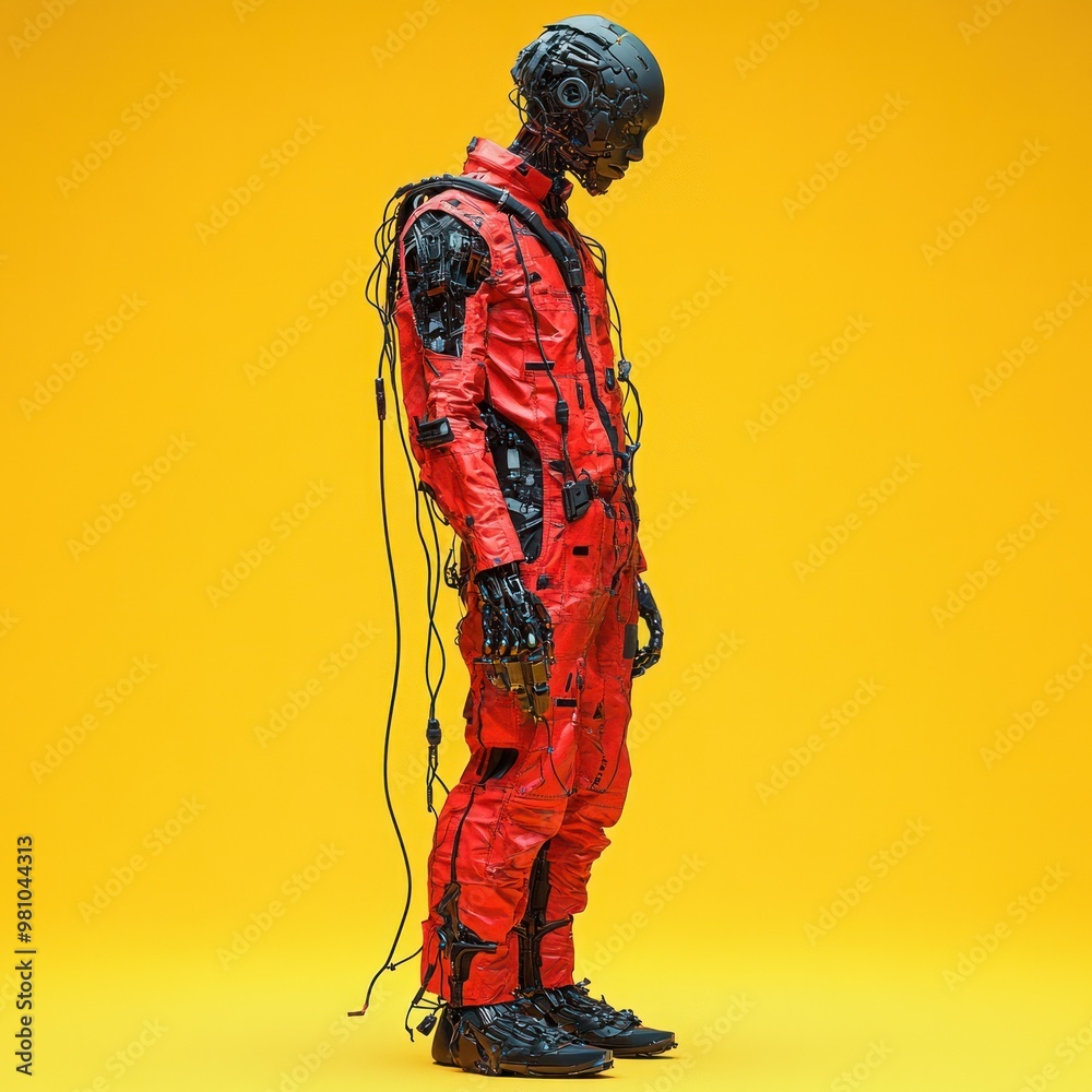 Futuristic humanoid robot in vibrant red outfit. Futuristic humanoid robot in vibrant red outfit.