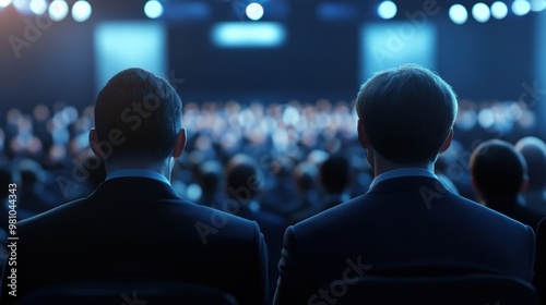 Vibrant business conference with a young and mature audience sitting in chairs, listening to the speaker on stage in a large hall.