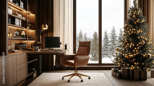 Cozy home office with Christmas decor, modern workspace with festive tree and gifts near window, winter holiday concept