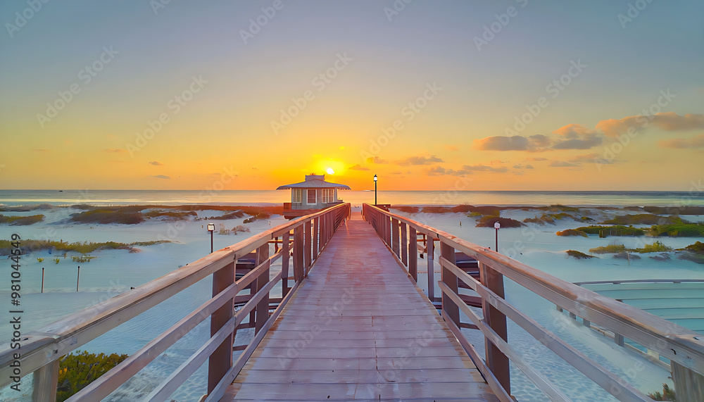 Fototapeta premium Panorama View of Footbridge to Smathers Beach at Sunrise in Key West, Florida