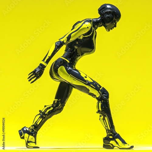 Advanced robotic android in dynamic pose on yellow.