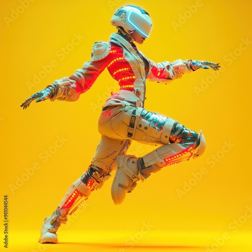 Futuristic robot performing a dynamic pose in action.