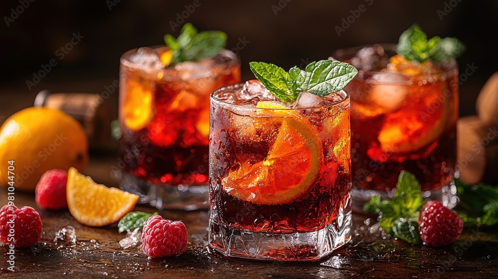 Delicious mixed drinks with citrus and mint served on a rustic wooden table in a cozy setting Delicious mixed drinks with citrus and mint served on a rustic wooden table in a cozy setting