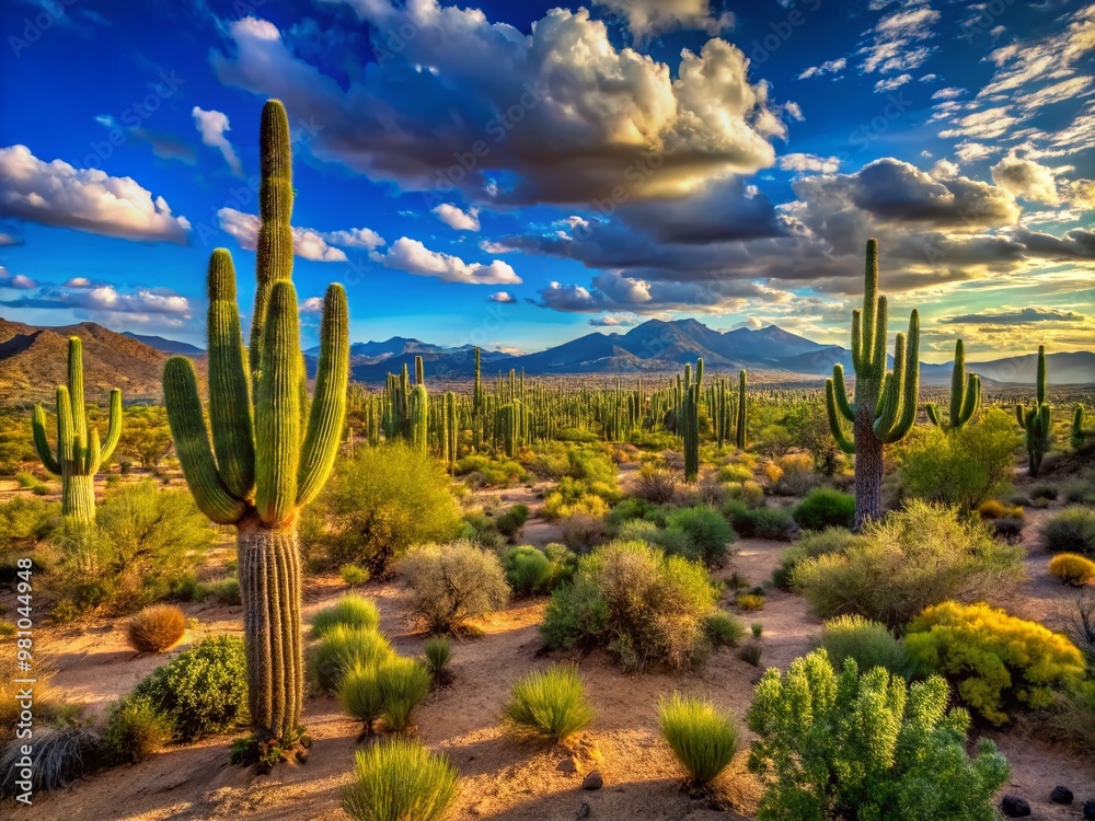 Vibrant 4K image of a vast, sandy desert ecosystem featuring majestic saguaro cacti, prickly pears, and lush greenery Vibrant 4K image of a vast, sandy desert ecosystem featuring majestic saguaro cacti, prickly pears, and lush greenery