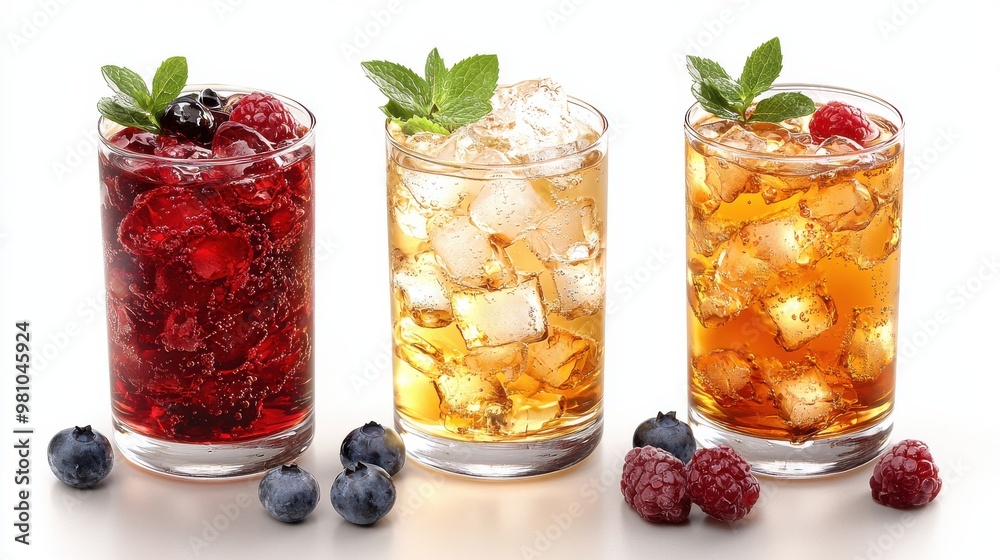 Refreshing summer beverages with berries and ice in glasses on a white background Refreshing summer beverages with berries and ice in glasses on a white background