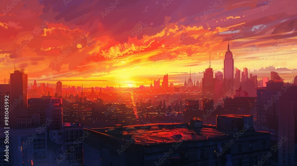 Fototapeta premium sunset from a rooftop offers a unique perspective of the city. The sun sets behind the skyline, casting a warm glow over the buildings.