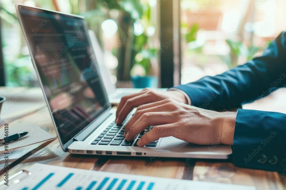 Person typing on laptop in modern office with documents on the desk. Close-up photography for business and technology concept. Person typing on laptop in modern office with documents on the desk. Close-up photography for business and technology concept.