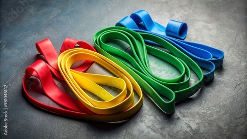 Vibrant resistance bands in shades of green, red, blue, and yellow lie flat on a gray surface, showcasing varied tones and textures in a harmonious arrangement. photo