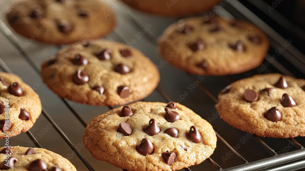 Freshly baked chocolate chip soft cookies cooling on a wire rack, showcasing vibrant golden-brown color and chocolate chips Freshly baked chocolate chip soft cookies cooling on a wire rack, showcasing vibrant golden-brown color and chocolate chips