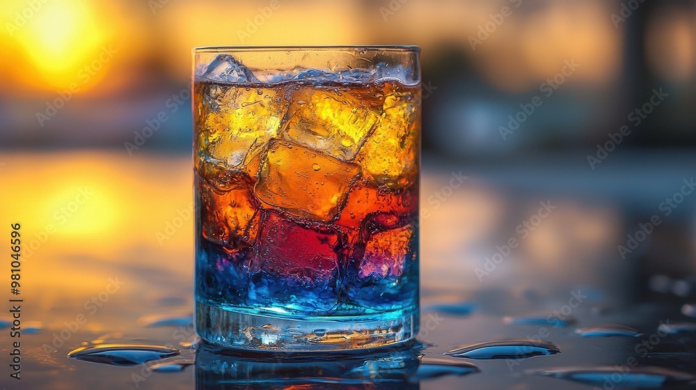 Colorful layered drink with ice cubes against a vibrant sunset background at a beach bar during the golden hour Colorful layered drink with ice cubes against a vibrant sunset background at a beach bar during the golden hour