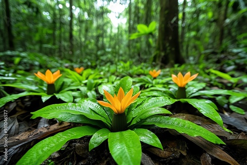 Amazon Forest bromeliads and ferns creating a green tapestry on the forest floor photo