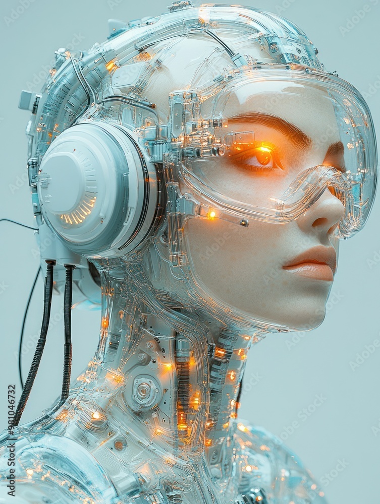 Transparent android with glowing circuits and headphone-like units Transparent android with glowing circuits and headphone-like units