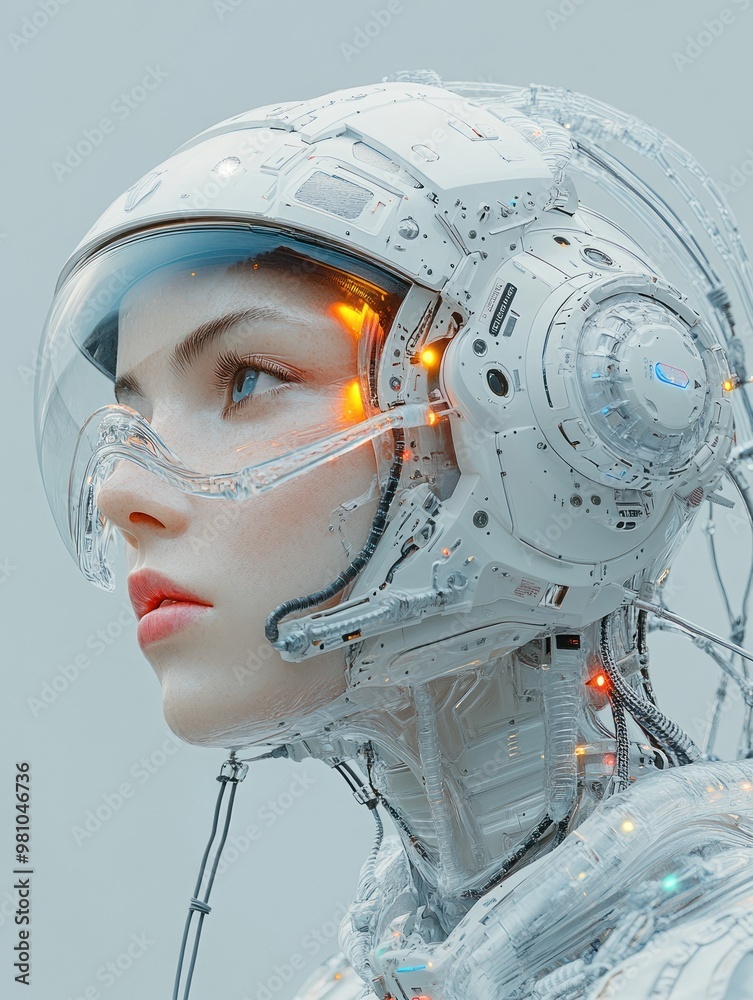 Futuristic mechanical robot with glowing helmet lights Futuristic mechanical robot with glowing helmet lights