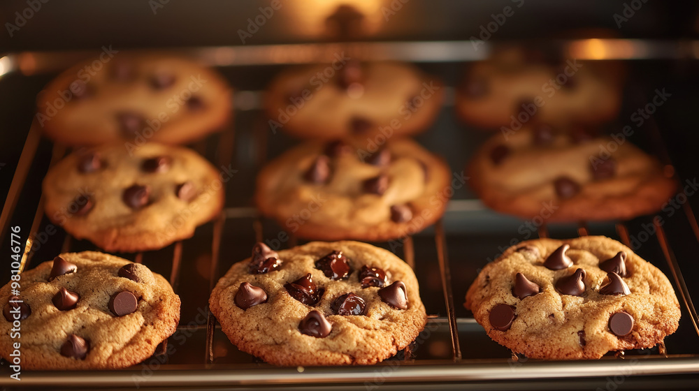 Freshly baked chocolate chip soft cookies cooling on a wire rack inside an oven, showcasing melty chocolate chunks and golden brown edges Freshly baked chocolate chip soft cookies cooling on a wire rack inside an oven, showcasing melty chocolate chunks and golden brown edges