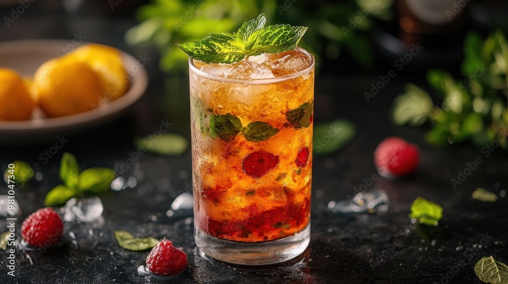Refreshing raspberry mint iced tea served with fresh mint leaves and raspberries on a dark surface Refreshing raspberry mint iced tea served with fresh mint leaves and raspberries on a dark surface