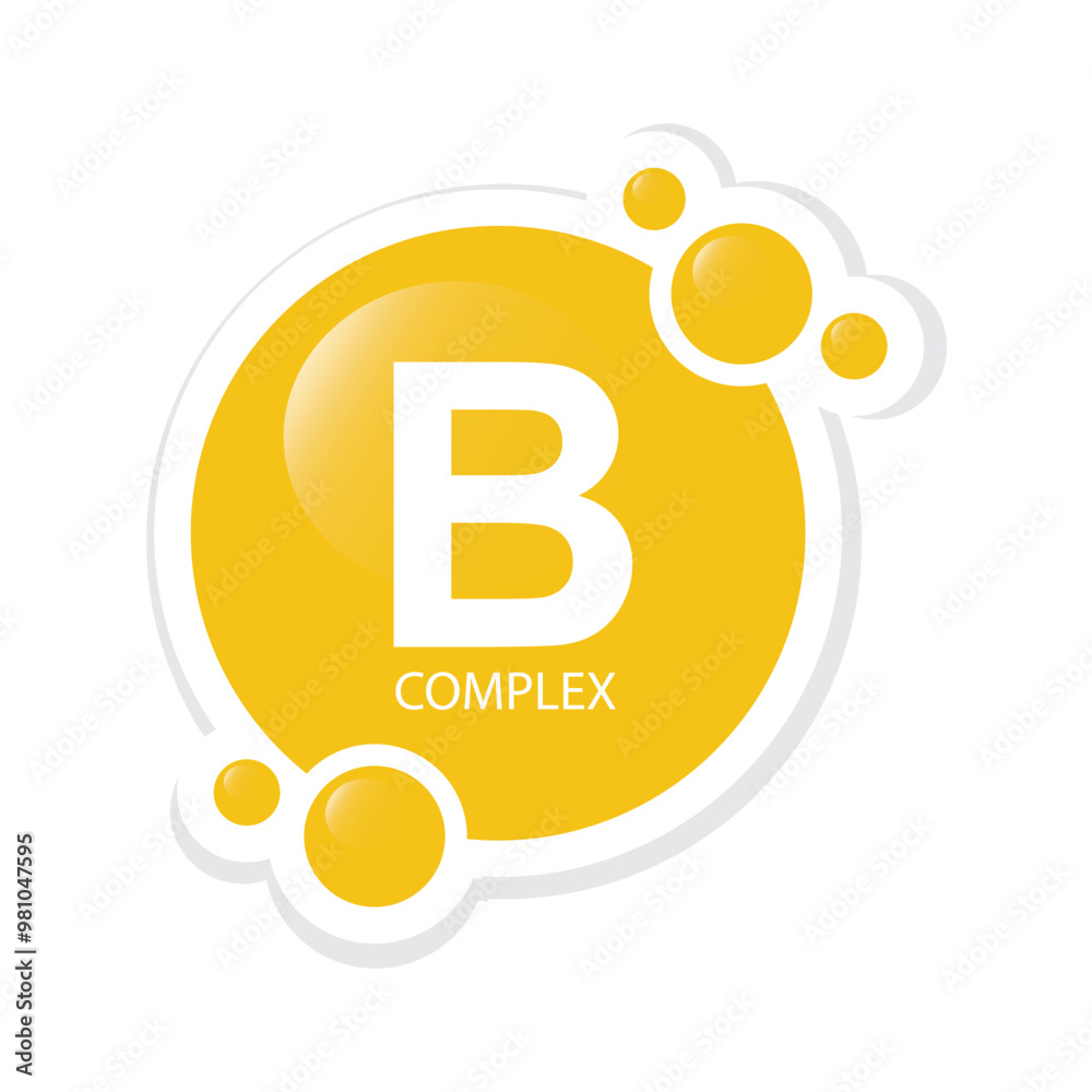 Gold colored vitamin B complex - icon, vector, sticker.