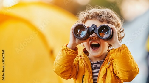 Close-up of a child using binoculars, excited expression, camping stargazing, discovery in the night